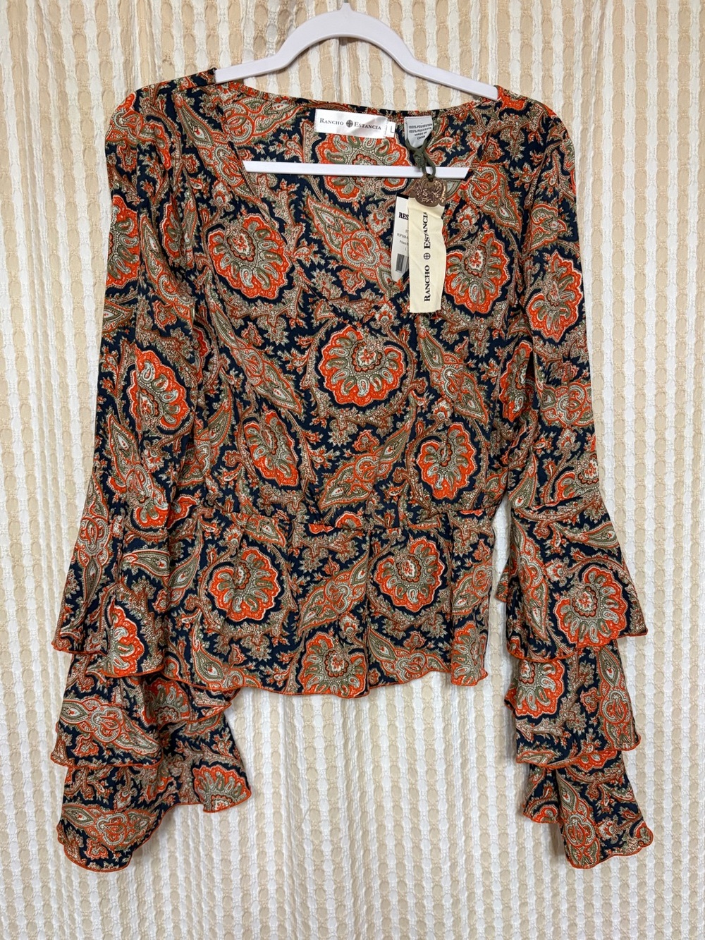 Rancho Estancia Navy Floral Paisley Ruffle Sleeve Blouse